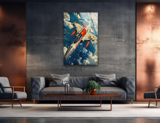 Realistic detail of a fighter jet 8119 in glass printing with detailed clouds and a high-quality finish.