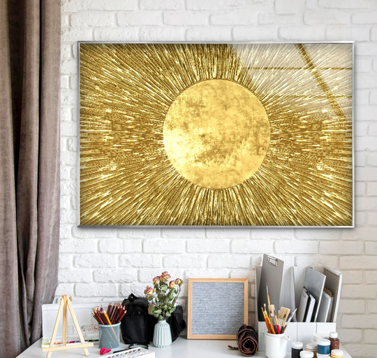 A dazzling golden sunburst illuminates this glass wall artwork, radiating light and energy across the entire piece.