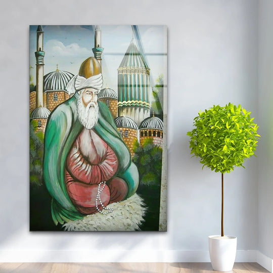 Religion Mevlana Rumi glass wall art with a mosque background and Islamic decor brings spiritual depth to any room