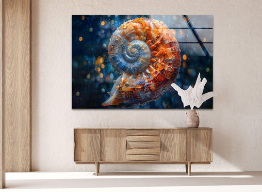 Glass wall art featuring a spiraled shell with vibrant orange and blue contrasts against a dark, bokeh background.