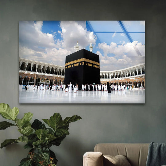 Religion glass wall art showing the Holy Kaaba In Mecca and religious artwork and Islamic sacred decor