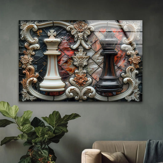 Abstract stained glass-style background behind white and black chess pieces, part of unique modern wall decor.