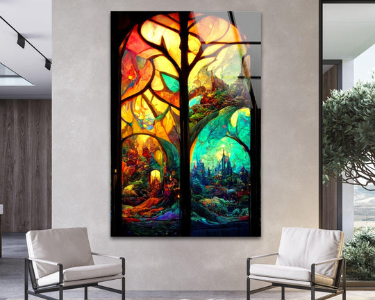 The stained glass wall art shows a castle and forest and features vivid colors and a stained glass motif making fantasy decor and stained wall art