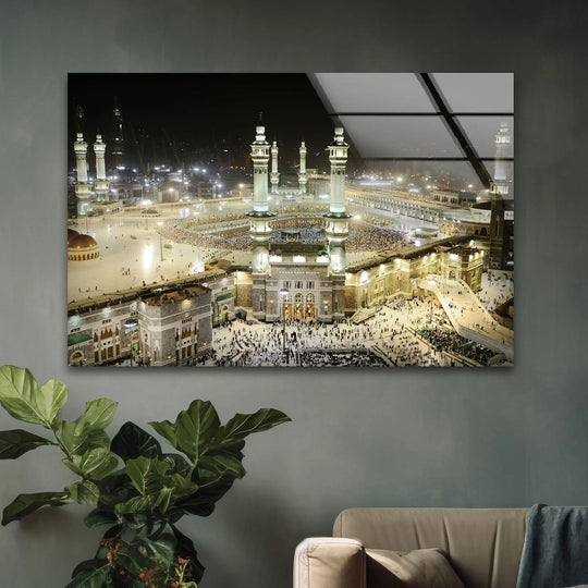 Religion glass wall art nighttime landscape and Kaaba View wall decor a sacred Islamic artwork made of tempered glass
