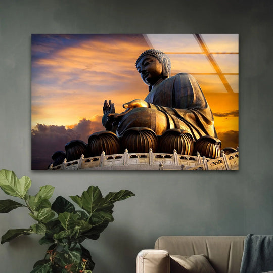 The stillness of the majestic Tian Tin Buddha in glass wall art prints evokes a sense of peace under the colorful dawn sky.