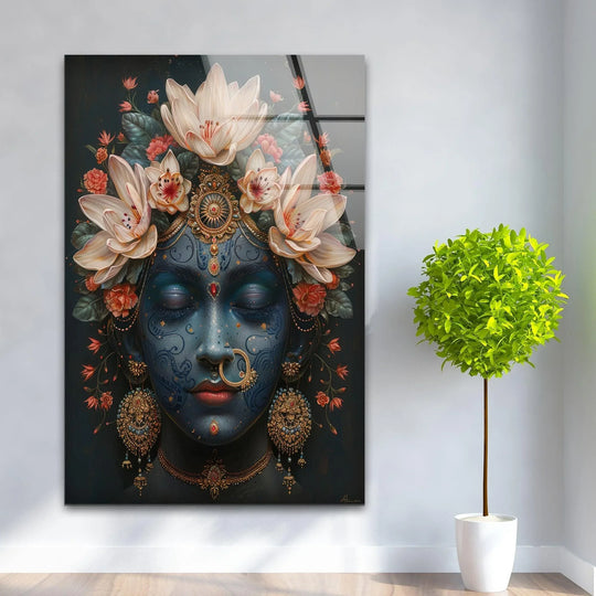 High-resolution print wall art showcases the premium tempered glass panel of a Goddess Durga painting, revealing a lasting, vibrant depiction of divine artistry.