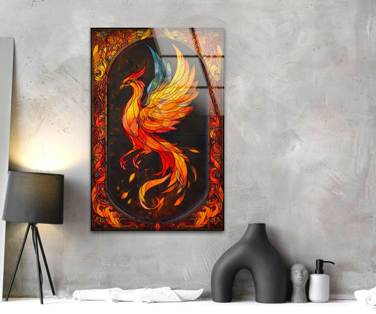 A fiery phoenix in abstract stained glass style, rendered as striking wall prints with vibrant orange and blue hues.