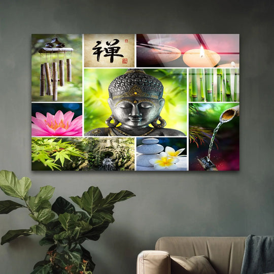 Contrasting shades highlight the Buddha & Zen Spa Stones print wall art, creating a visually engaging composition with a harmonious blend of light and dark elements.