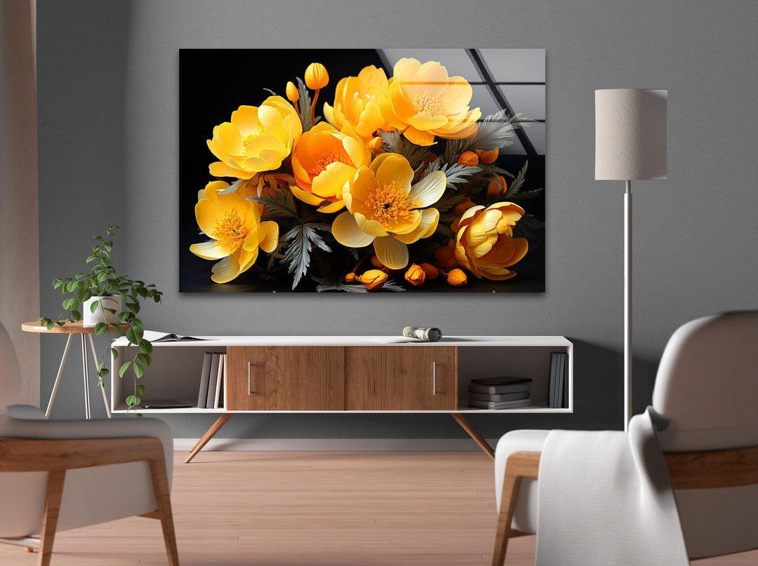 Yellow Peony Bouquet Glass Wall Art, stained glass wall art, stained glass wall decor