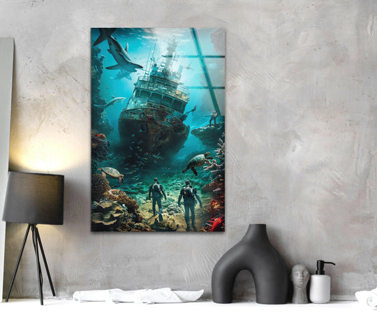 Two divers explore a vibrant coral reef in front of a sunken ship, a stunning addition to any home decor.