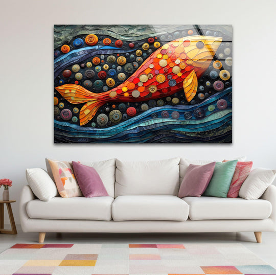 A dark, textured background filled with multicolored circular embellishments and undulating blue waves serves as the backdrop for this vibrant glass wall art decor.