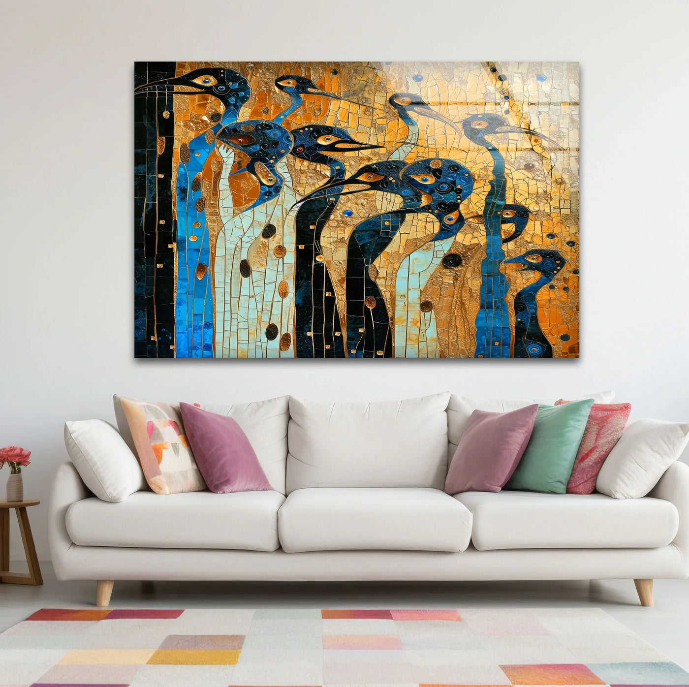 Mosaic peacock wall motif glass wall artwork with vibrant colors, framed by black and blue borders.