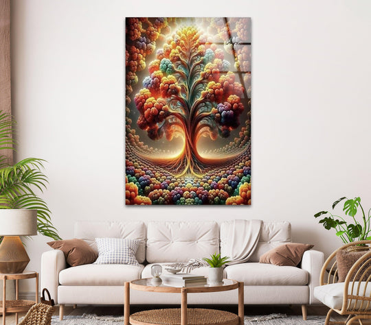 Vibrant color saturation highlights this colored life of tree glass wall art, showcasing a captivating piece of best glass art for an eye-catching focal point.