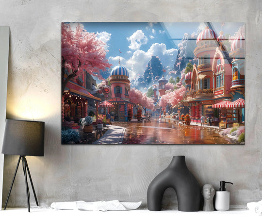 Featuring a glossy finish, the 'Candyworld' art is a charming print wall art that brings whimsical flair with its colorful buildings and fanciful atmosphere.