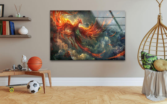 The horizontal glass wall art features a Chinese phoenix and a firebird design and it is vibrant wall decor and unique animal wall art on the wall