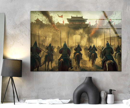 Golden dusty hues blend into warm oranges and browns across this Chinese Warriors glass wall art decor.