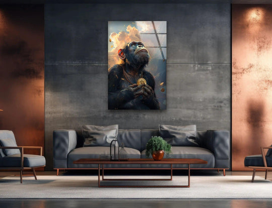A striking bitcoin monkey glass wall art piece stands out against the darkest area of a modern, industrial room, serving as unique home decoration.