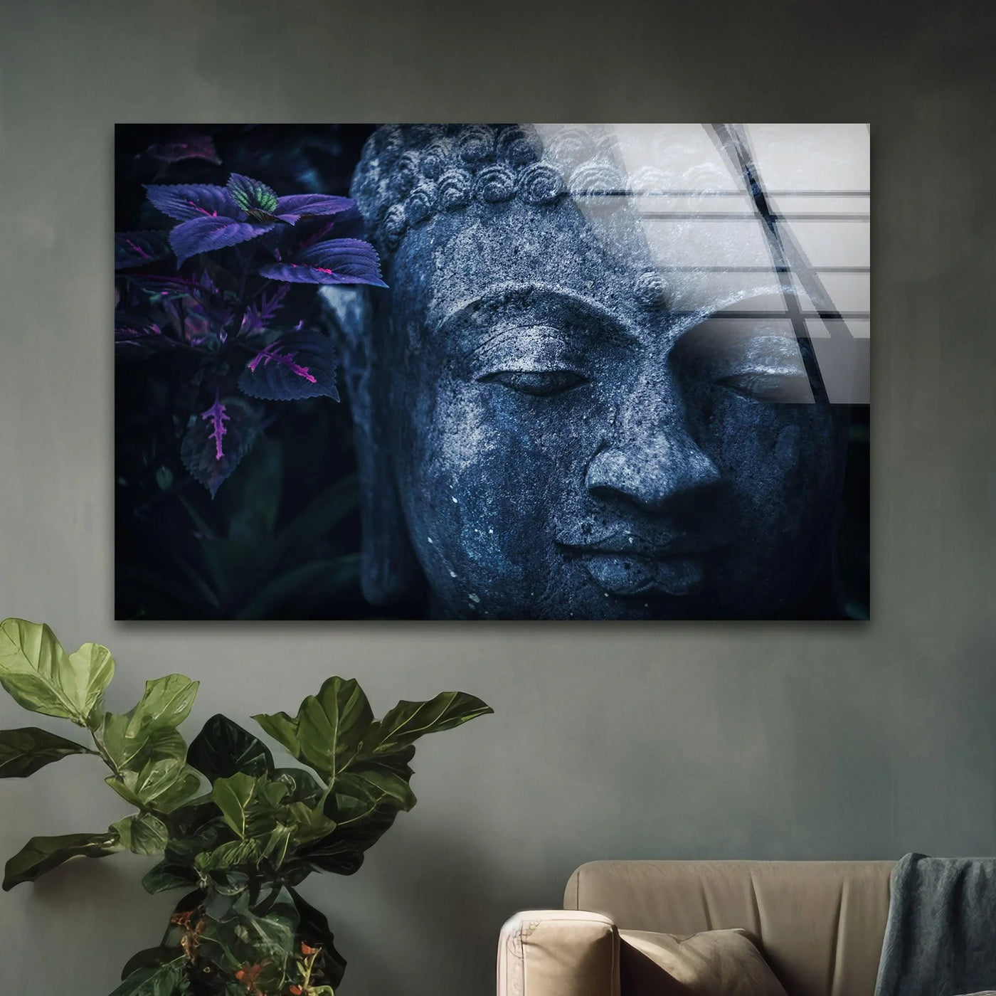 Dominated by azure hues, the blue Buddha statue glass art radiates tranquility as a stunning example of modern glass art.