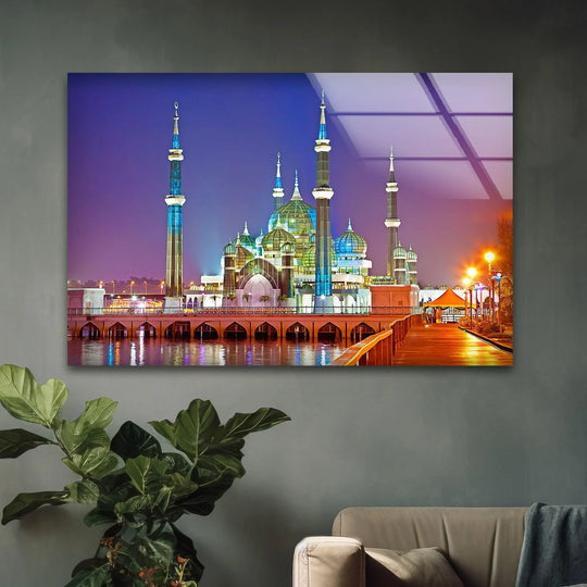 Showcasing the layering effect, this Crystal Mosque glass wall prints capture depth with the reflection and translucent layers of light on tempered glass.