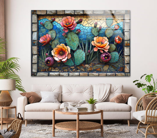 Illuminated by the brightest area, this flowering cactus mosaic glass wall art infuses Southwestern style into your home decor with its vibrant desert flora.