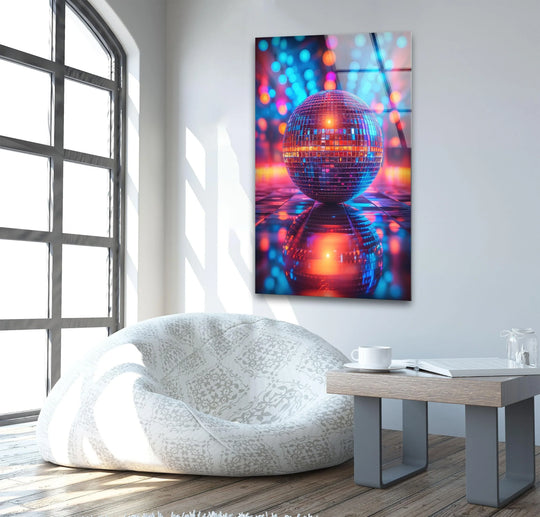 A close-up realistic detail of a disco ball glass printing with vibrant, reflective colors and geometric patterns.