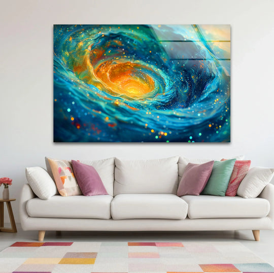 Bright light emanates from the swirling center of this glass wall art, casting deep shadows on the deep blue cosmic currents.