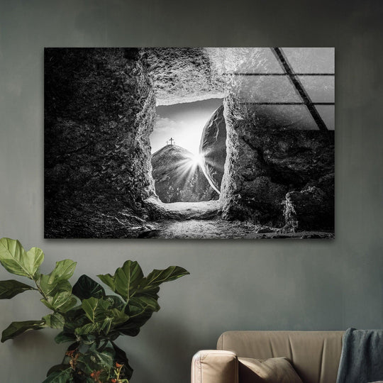 Resurrection glass wall art religious scene and stone tomb with christian inspiration featuring light and crosses and faith renewal