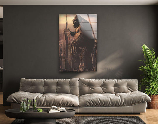 Gorilla on the Empire State building, a dramatic hanging wall art piece with city background.
