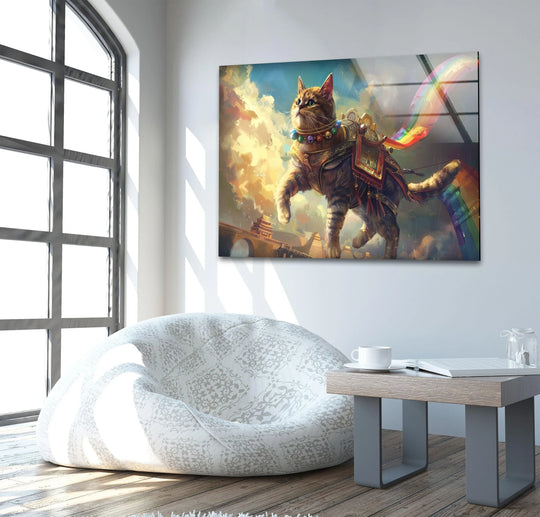A majestic flying cat wearing ornate armor and a rainbow collar adorns this vibrant wall art print.