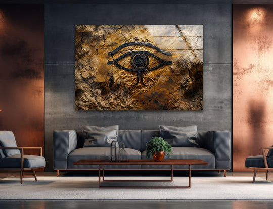 Rich bronze hues transition into cool, dark concrete tones on this glass printing depicting the Eye of Ra.