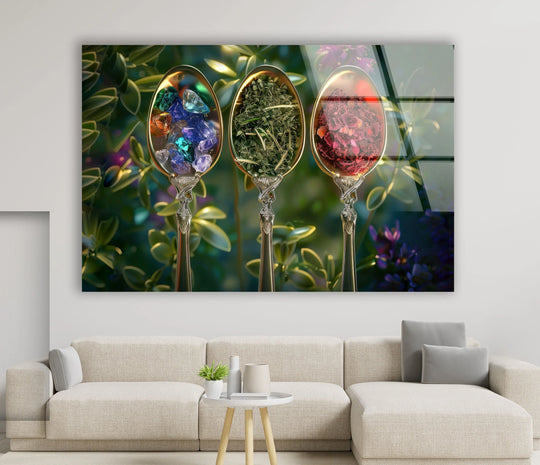 Horizontal glass wall art featuring three ornate silver spoons filled with colorful blue, green, and red spices displayed above a neutral sofa.
