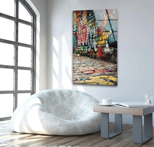Geometric lines define the urban graffiti on this vibrant glass wall artwork, featuring a bold composition.