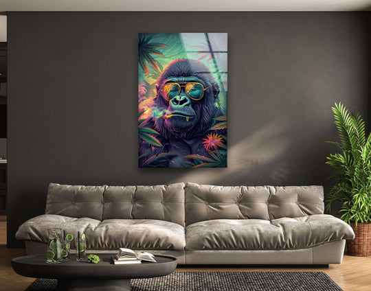A cool monkey in sunglasses exhales smoke, embodying stillness within vibrant glass wall art decor.