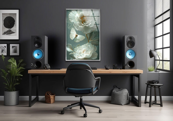 Gardenia Peony Glass Wall Art, glass art painting, glass art for the Wall
