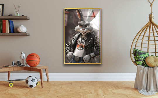 A punk rock rabbit rendered in decorative wall art captures a moment of still intensity in this room.