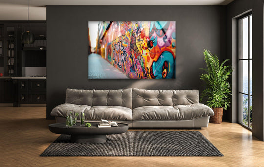 Vibrant graffiti mural wall art, showcasing a multitude of bright, multicolored tones in a stunning glass art piece.