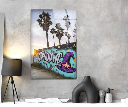 Vibrant street graffiti mural with repeating palm trees and star patterns creates a dynamic visual rhythm as print wall art.