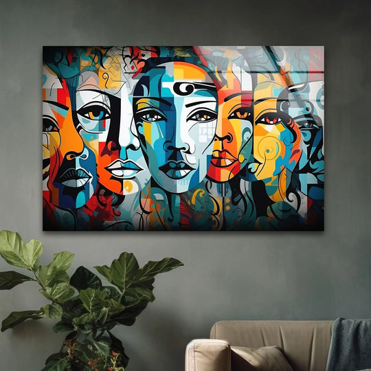 Contrasting shadows highlight the vibrant, fragmented faces in this striking piece of art from glass.