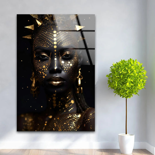 A golden-dotted African woman's face gleams brightly on this stunning wall art print.