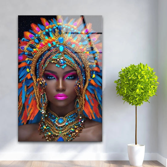 Vibrant, jewel-toned feathers and bold makeup create a striking focal point in this unique modern wall decor African portrait glass art.