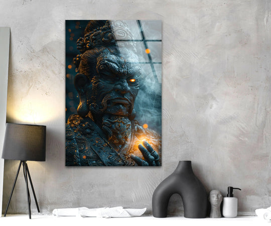 A mystical Japanese Buddha emerges through the layered depth of tempered glass wall art with glowing accents.