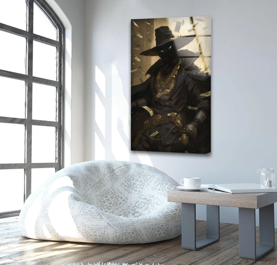 Enigmatic mafia cat with glowing eyes and gold chains featured on this striking glass wall artwork.