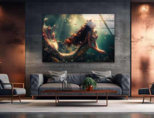 A stunning mermaid emerges from the deep, framed by the clean, polished edge of glass art painting.