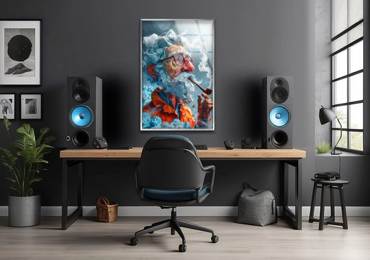 A mosaic man crafted from the softest, wispy blue clouds and sharp geometric shapes adorns this cool wall art print.