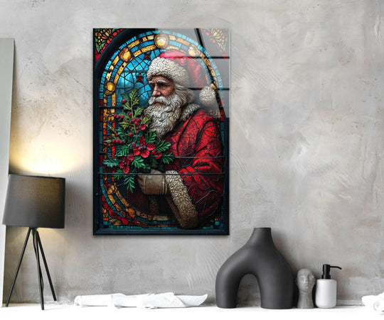 Vibrant red and cool blue hues dominate this festive Santa Claus decorative wall art, showcasing a stained-glass effect.