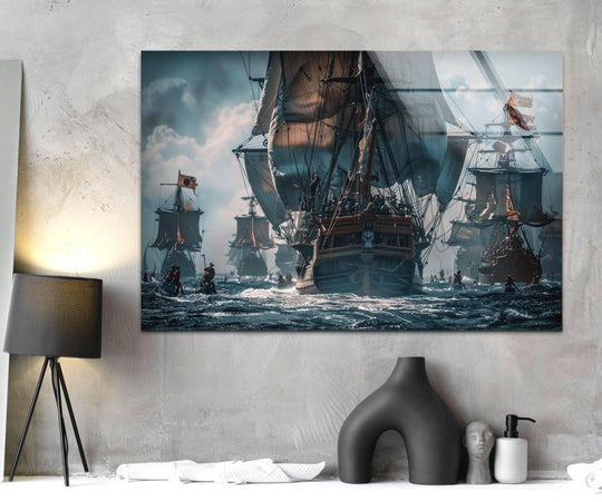Dramatic contrast between the dark, churning ocean and the bright, billowing sails of the pirate ships in this wall art prints.
