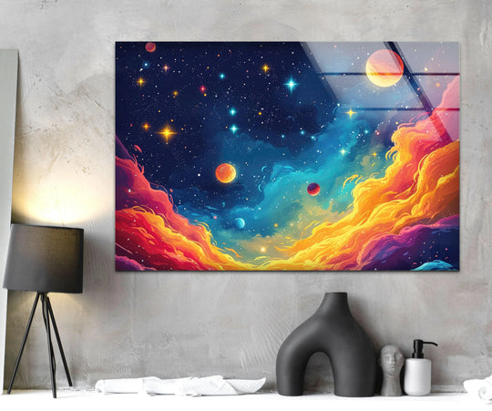 Celestial planets in a vibrant cosmic nebula, featuring swirling organic forms within this glass wall art decor.