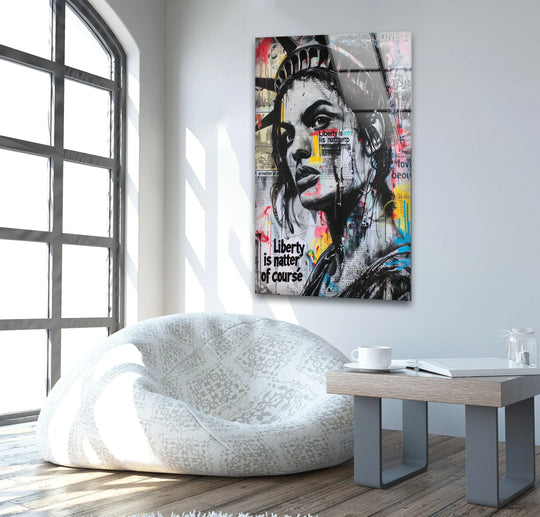 Modern tempered glass wall art featuring a powerful graffiti-style portrait of the Statue of Liberty.