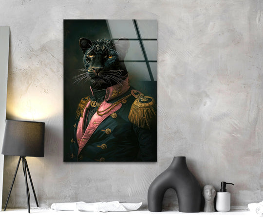 A majestic black puma in a regal military uniform is depicted as a stunning wall art print, its piercing golden eyes the softest element.