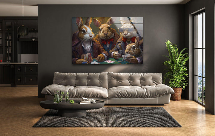 Rabbits Playing Poker Glass Wall Art glass pictures for Wall, glass prints wall art